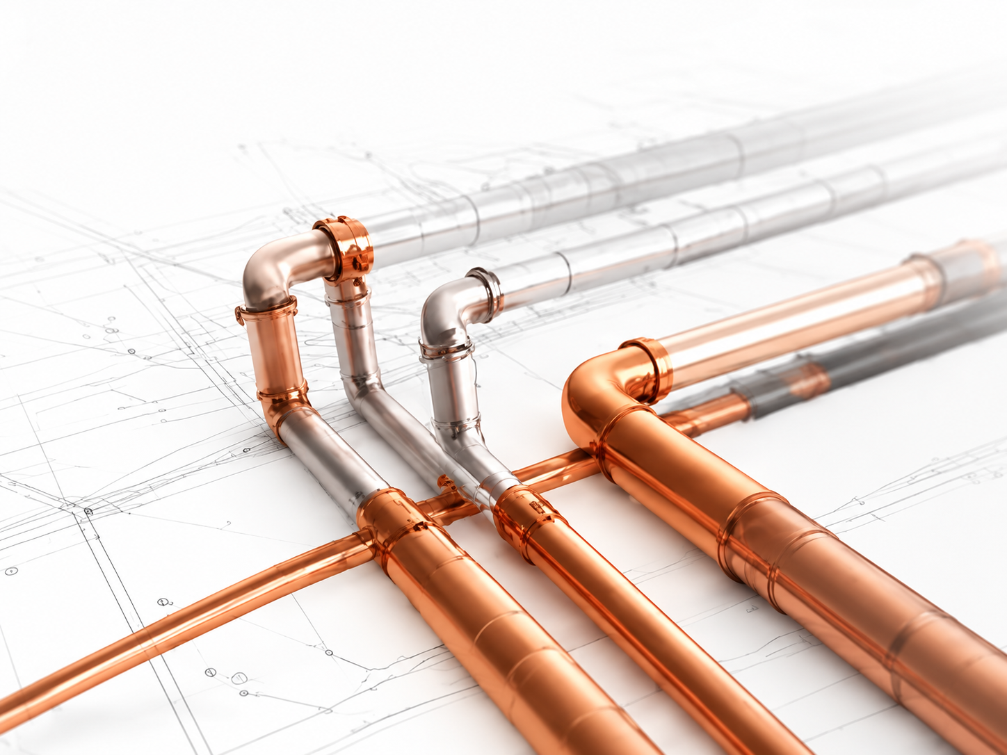 Copper pipework arranged over mechanical plans