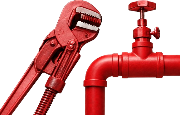 Pipe wrench and plumbing valve representing refurbishment and repair